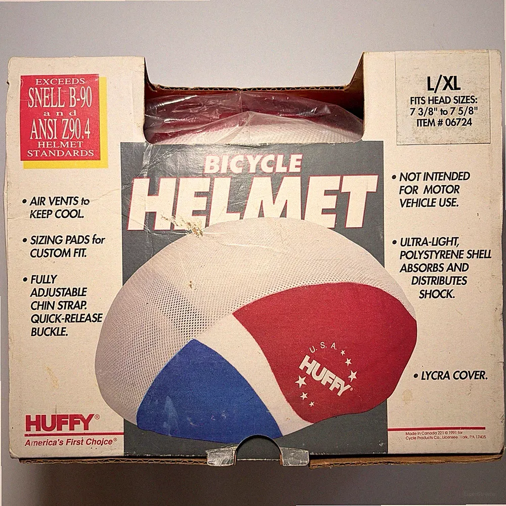 1991 Huffy Bicycle Helmet Model 612 L/XL Red White & Blue Lycra Cover READ