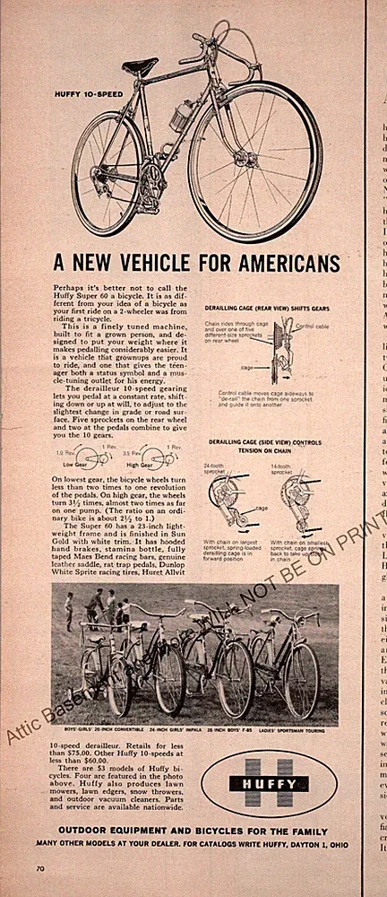 HUFFY 10 Speed Bicycle Print Ad 1963 Ephemera Wall Art Decor Impala F-85 Touring