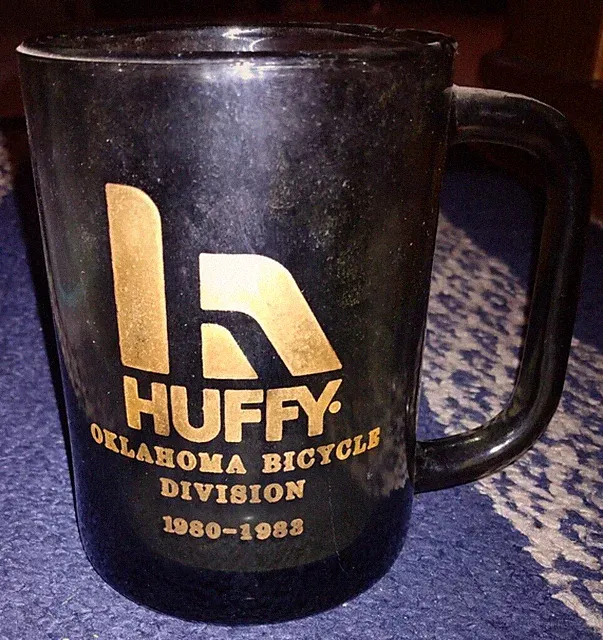 VINTAGE HUFFY OKLAHOMA BICYCLE DIVISION 1980-1988 MUG GLASS 4 5/8" PONCA CITY